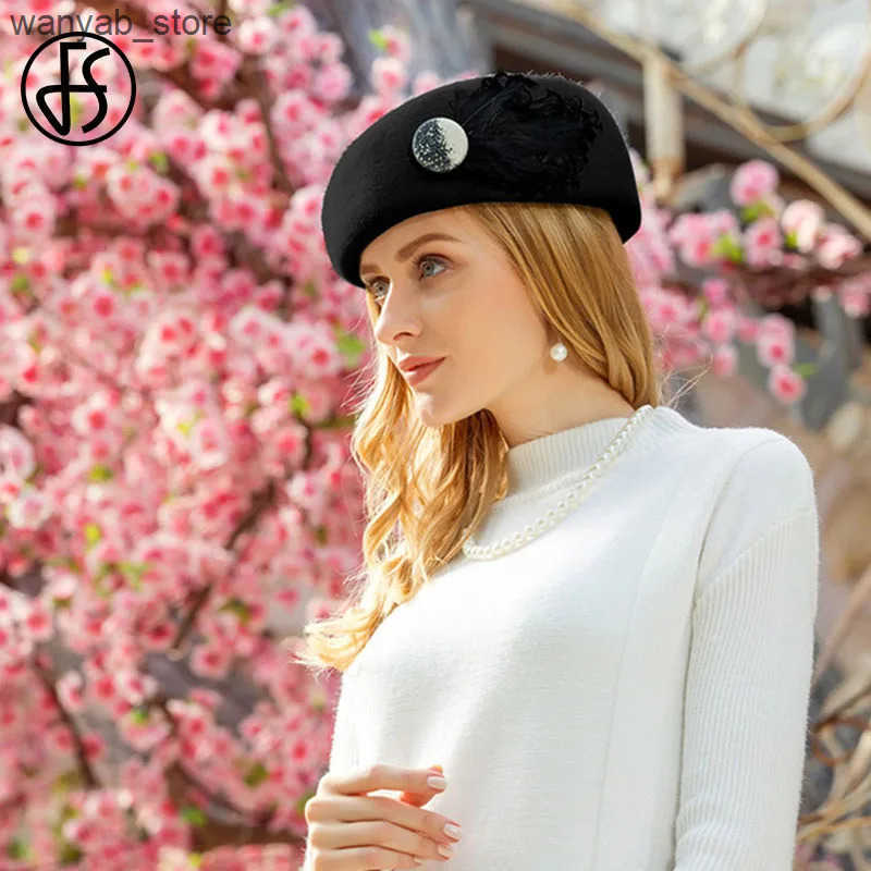 Berets FS French Wool White Black Beret Hats For Women Fashion Winter Felt Caps Feather Berets Femme Stewardess Church Hat Fedoras L240910