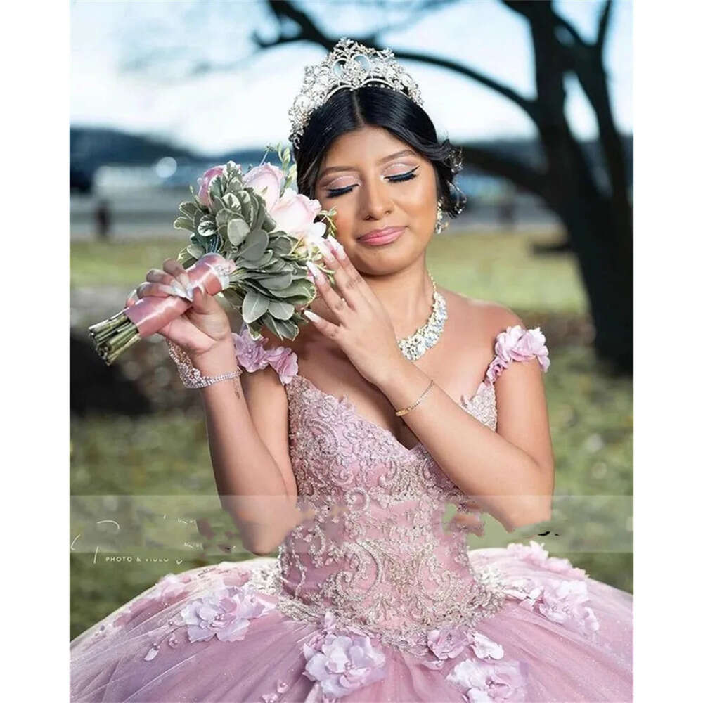 Ball Gown Quinceanera Pink Princess Dresses D Wers Applique Pearls Sweet Dress Birthday Vestidos De Anos Lace Up ress e