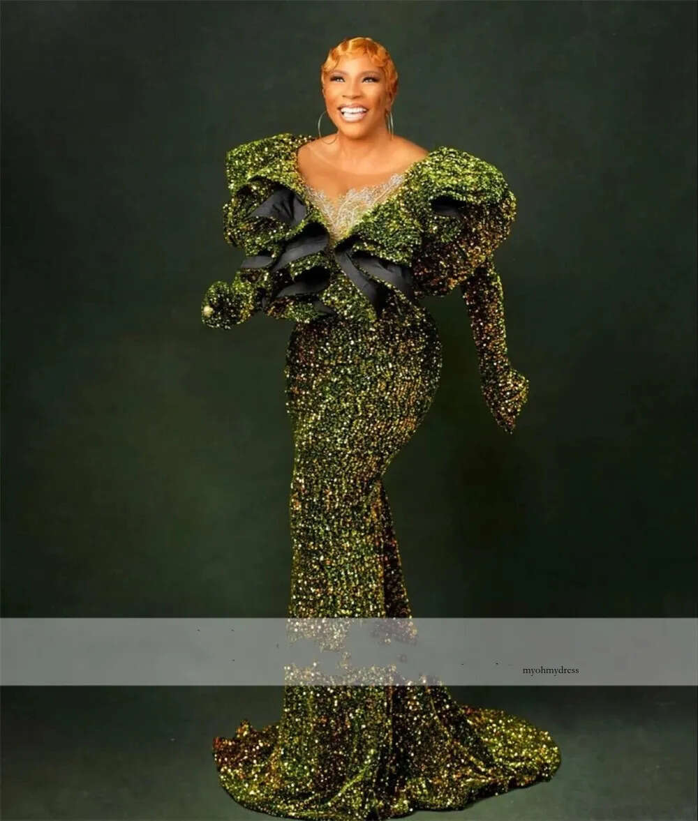 Elegant Green Sequined Mermaid Evening Dresses For Arabic Women 2022 Cap Sleeve Lace Sexy African Formal Aso Ebi Prom Gowns 0431