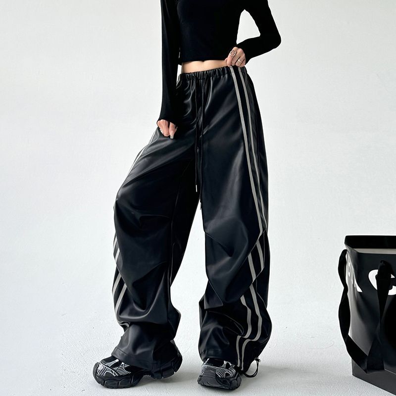 Fashion Black PU Leather Side Striped Casual Women Retro Street Hot Girls Loose Haruku High Waist Straight Pants