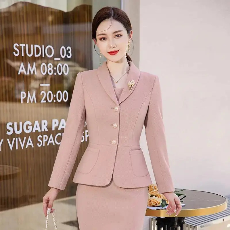 2023 Autumn Work Wear Womens Suit Elegant Solid Blazer Sleeveless Dress 2 Piece Set Single Breasted Jacket Plus Size S5XL 241129