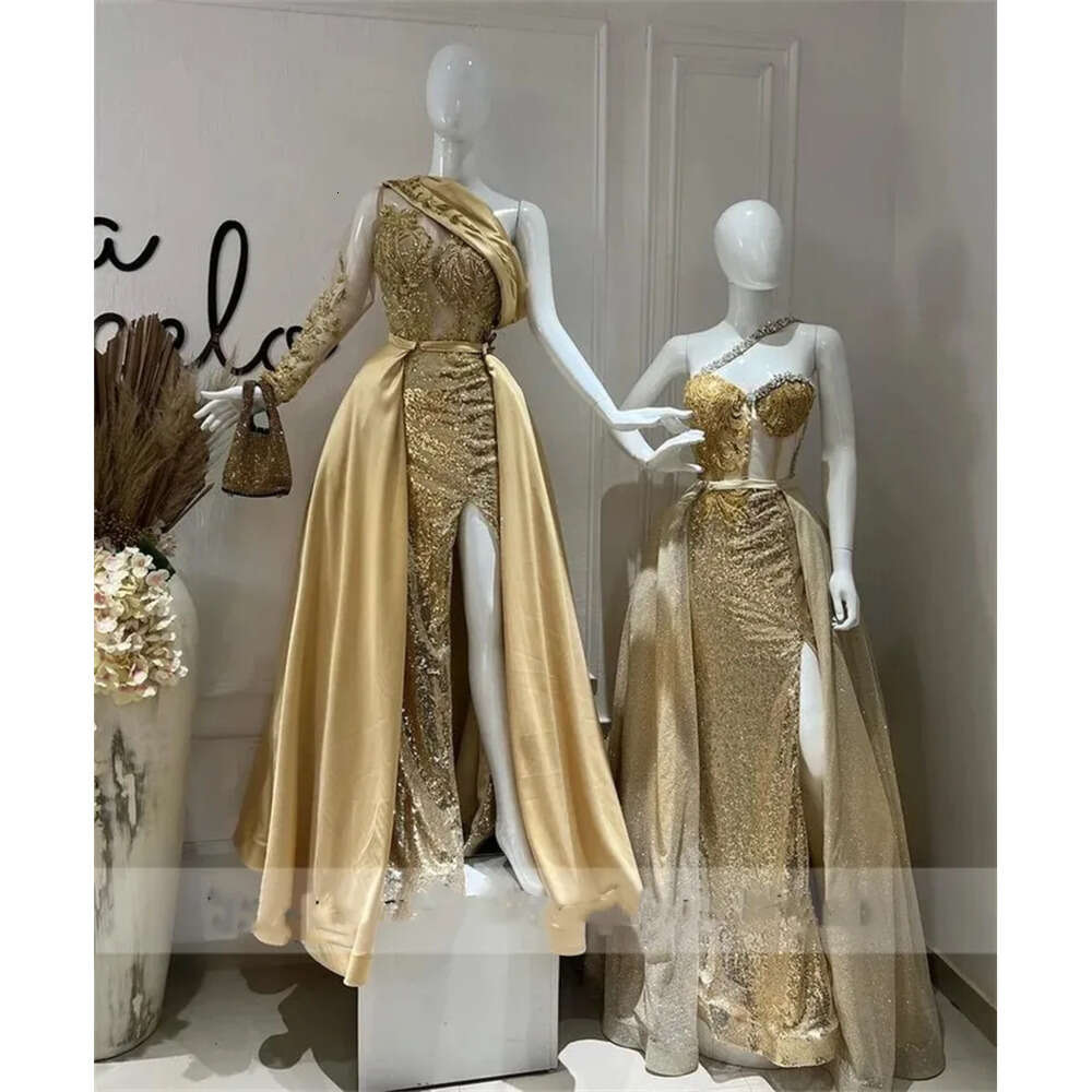 Dresses Glitter Prom Gold Mermaid Sexy Side Slit Shiny Beading Sequins Birthday Party Banquet Dance Evening Gowns Vestidos