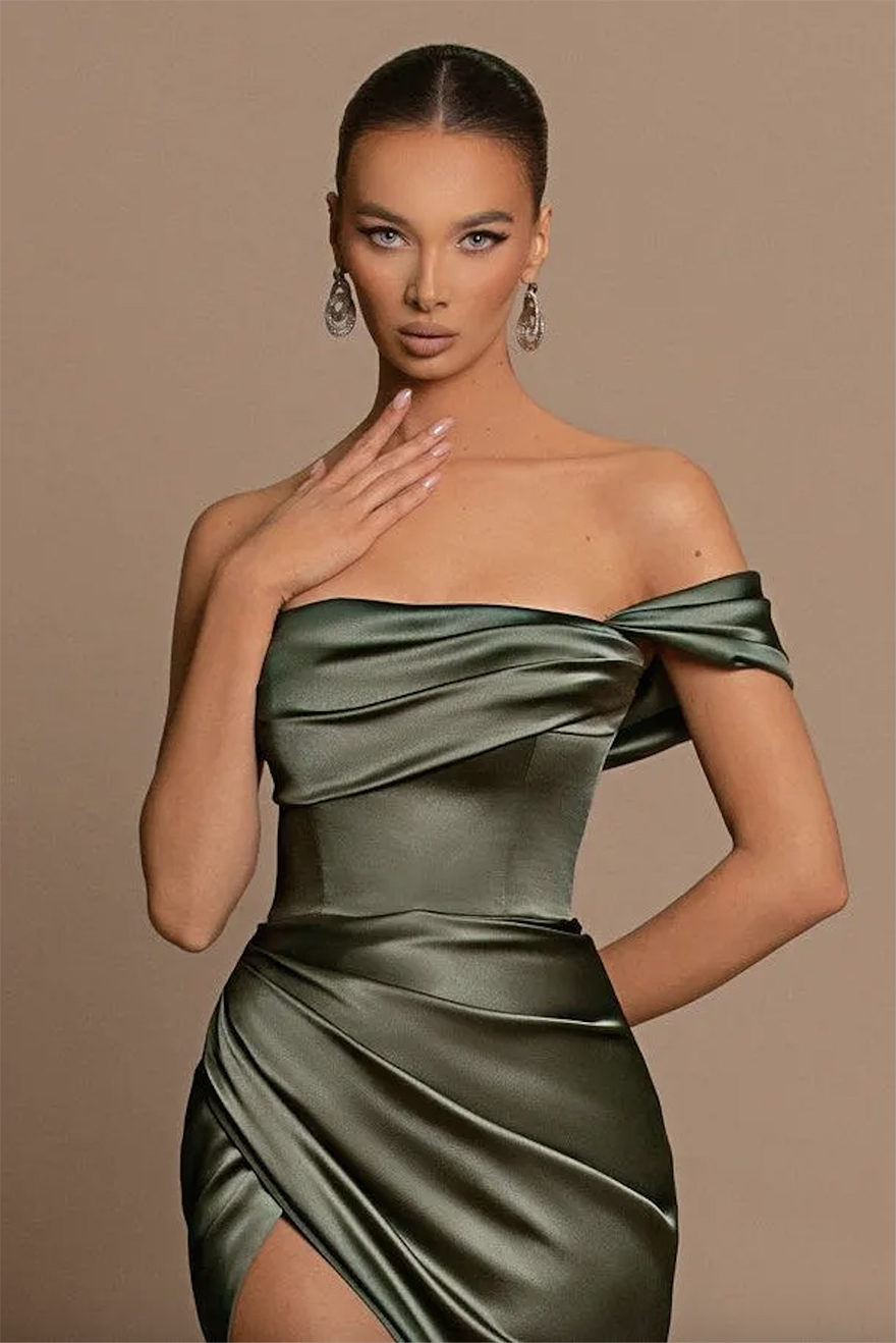 Elegant Olive Off Shoulder Bridesmaid Dresses Sheath Mermaid Backless Pleats SPlit Maid of Honor Gowns Women Formal Evening Prom Dress
