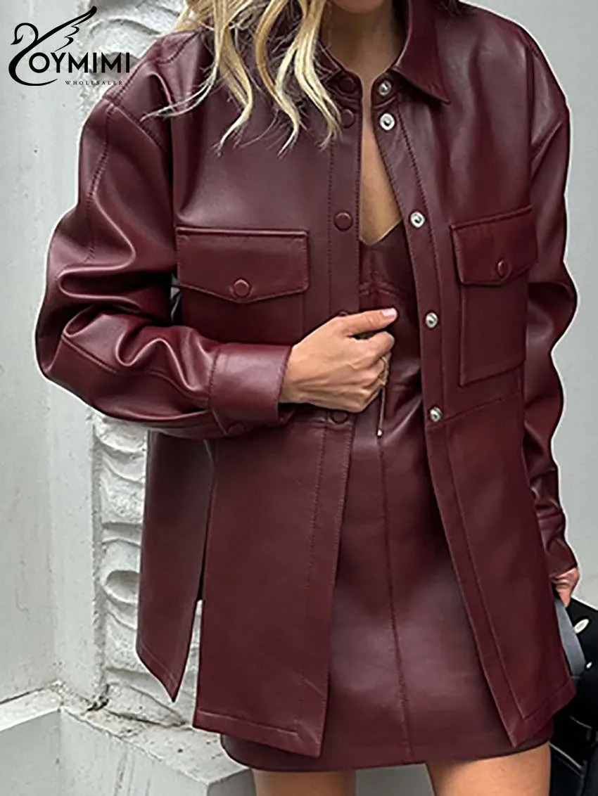 Oymimi Fashion Wine Red Pu Leather Womens Two Pieces Set Elegant Long Sleeve Button Shirts And Spaghetti Strap Mini Dress Sets 241129