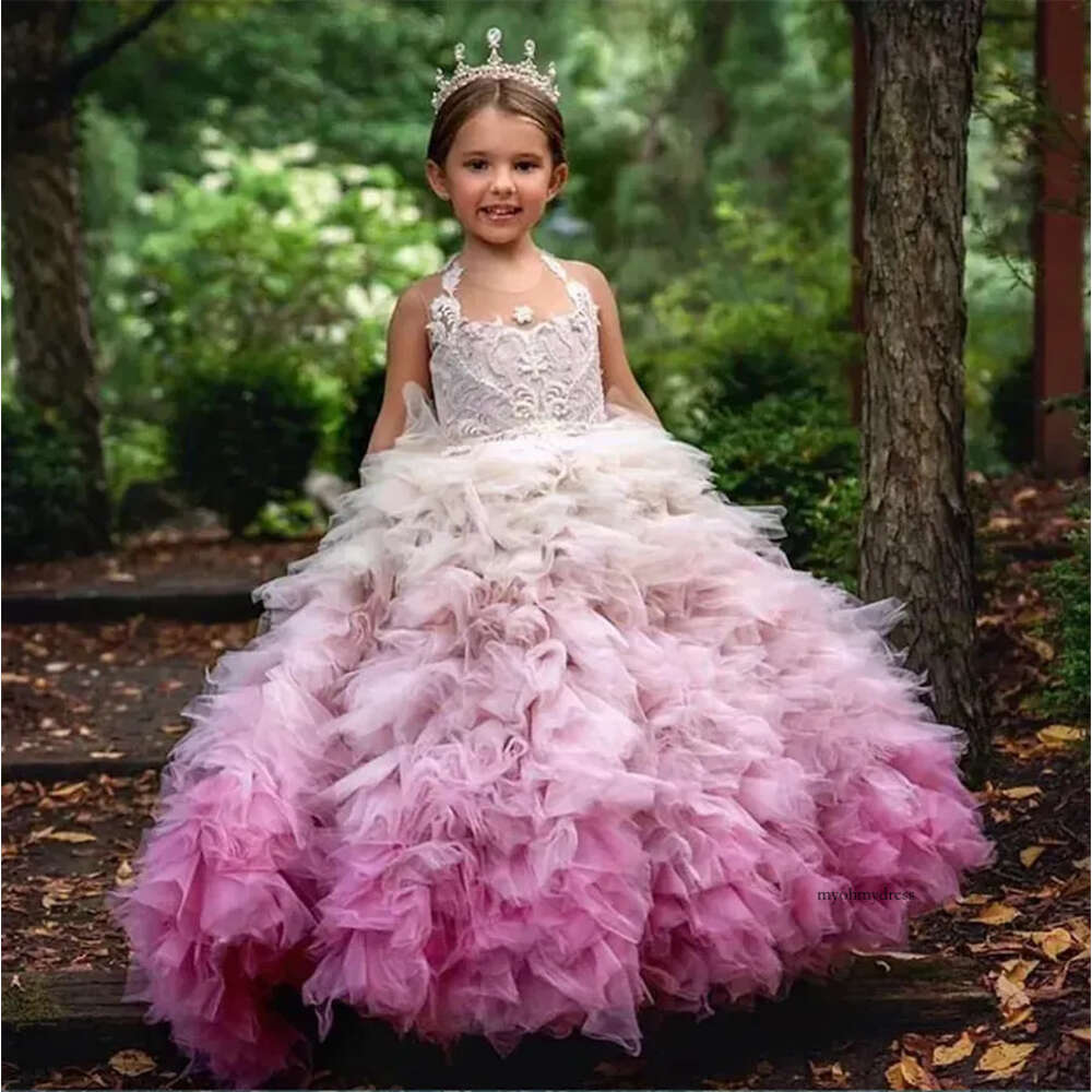 Glamorous Colorful Tier Ruffles Pageant Cute Sheer O Neck Appliques Sequins Button Back Flower Girls Dresses Formal Kids Party Gowns 0431