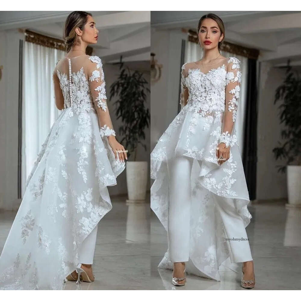 Sexy Illusion Long Sleeve Wedding Jumpsuit With Train Sheer O-Neck Lace Floral Country Bohemian Beach Lesbian Bridal Dress Pant Suit 0431