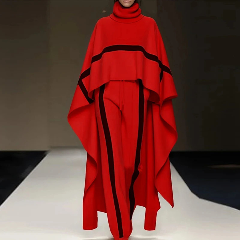 Women Winter Temperament Outfit Show Style Scarf Collar Bat Sleeve Cloak Tops Drawstring Pants Set Chic Striped Stitch 2Pcs Suit 241129