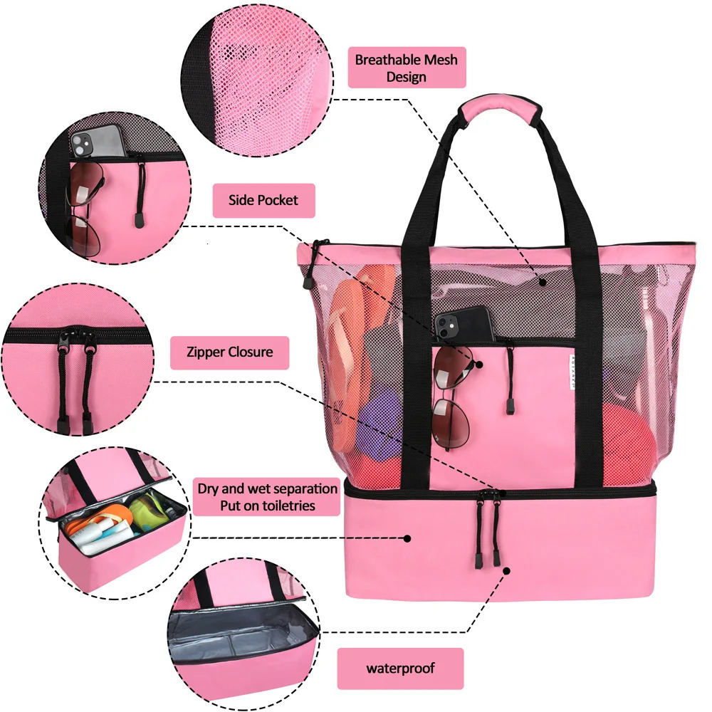 Women Heat Preservation Picnic Beach Bag Mesh Transparent Double-layer Swim Storage High Capacity Shopping Waterproof Bags Tote 240415