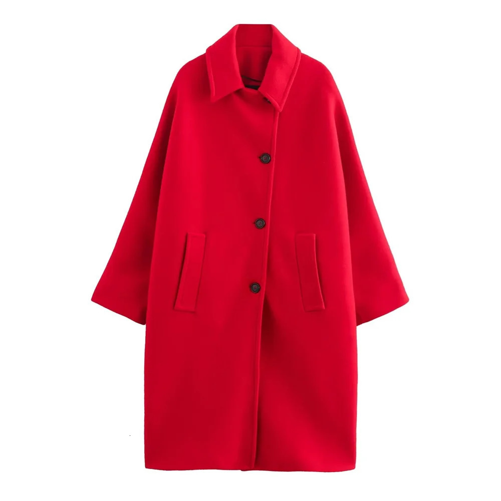 PB ZA red loose coat jacket with lapel pockets and button decoration for autumn winter womens half skirt 241129