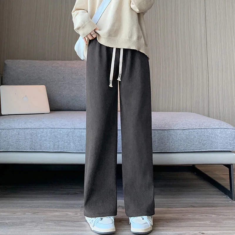 Warm Fleece Lined Corduroy Women Thicken Pants Winter Elastic Waist Stright Long Wide Leg Female Loose Causal Trousers 241125