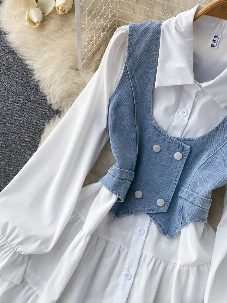 Women Spring Autumn Dress Sets Korean Temperament High Quality Elegant White Shirt Short Denim Vest Top Two D4770 241129