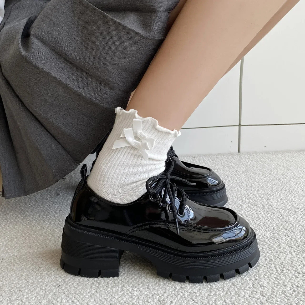 Womens British Style Spring Autumn Arrival Black Thick Bottom Flat Shoes Student Tie Mary Jane Summer Season 241126