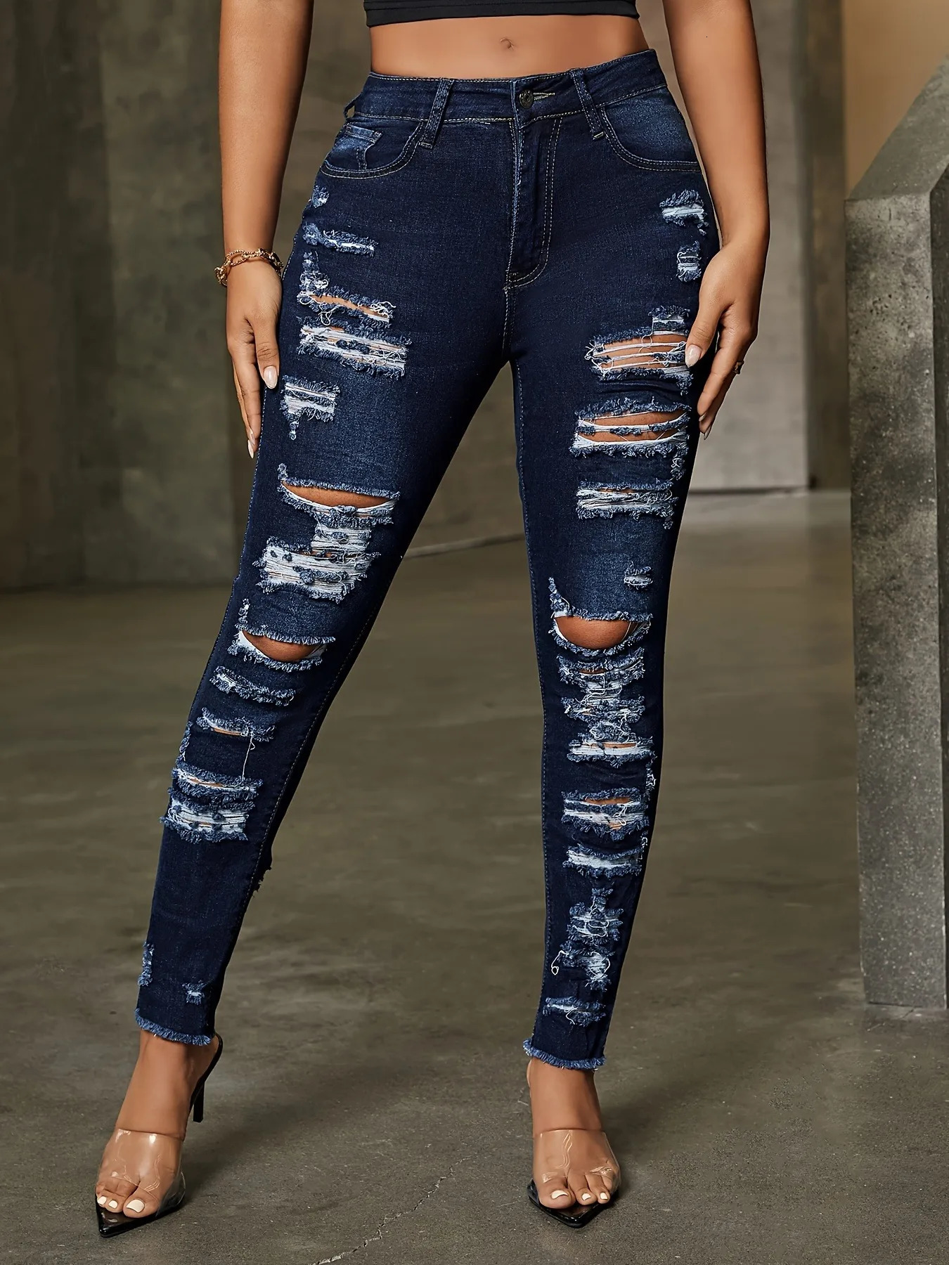 Womens skinny ripped stretch jeans elegant distressed slim fit trousers with diagonal pockets small feet blue washed 241121