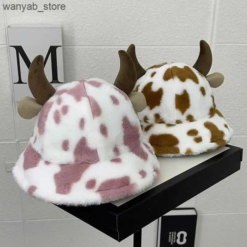 Wide Brim Hats Bucket Autumn and winter new cow print horn fisherman hat female Korean fashion plush thickened warm basin L240910