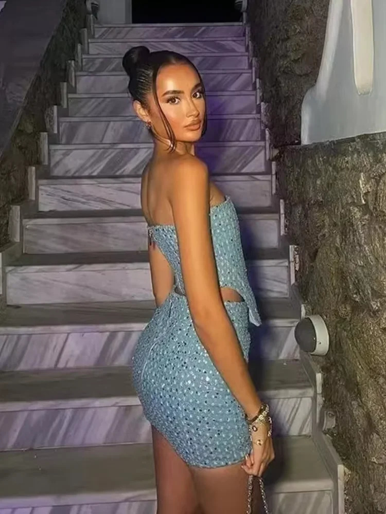 Women Blue Sequined Denim 2 Piece Sets Sexy Strapless Top Stylish Fashion Slim Mini Skirt Set Female Party Club Evening Robe 241129