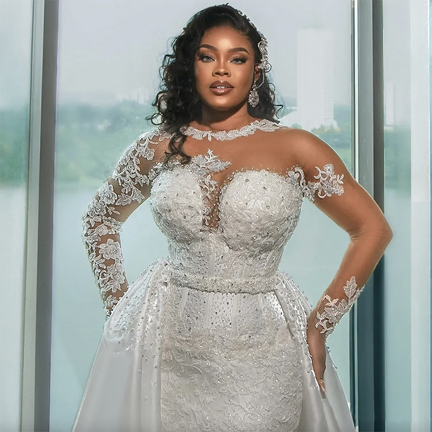 Dress Bride Mermaid Plus Size Sheer Neck Long Sleeves Beaded Lace Wedding Gowns with Detachable Train Marriage for Nigeria Black Women W029 Free shipp