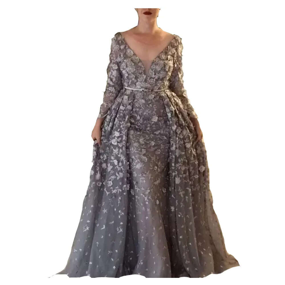 Bride Mother Of Gray The Dresses Deep V Neck Long Sleeves Mermaid Ruched Lace Overskirts D Floral Flowers Prom Party Gowns Women Formal Wear Floor Len