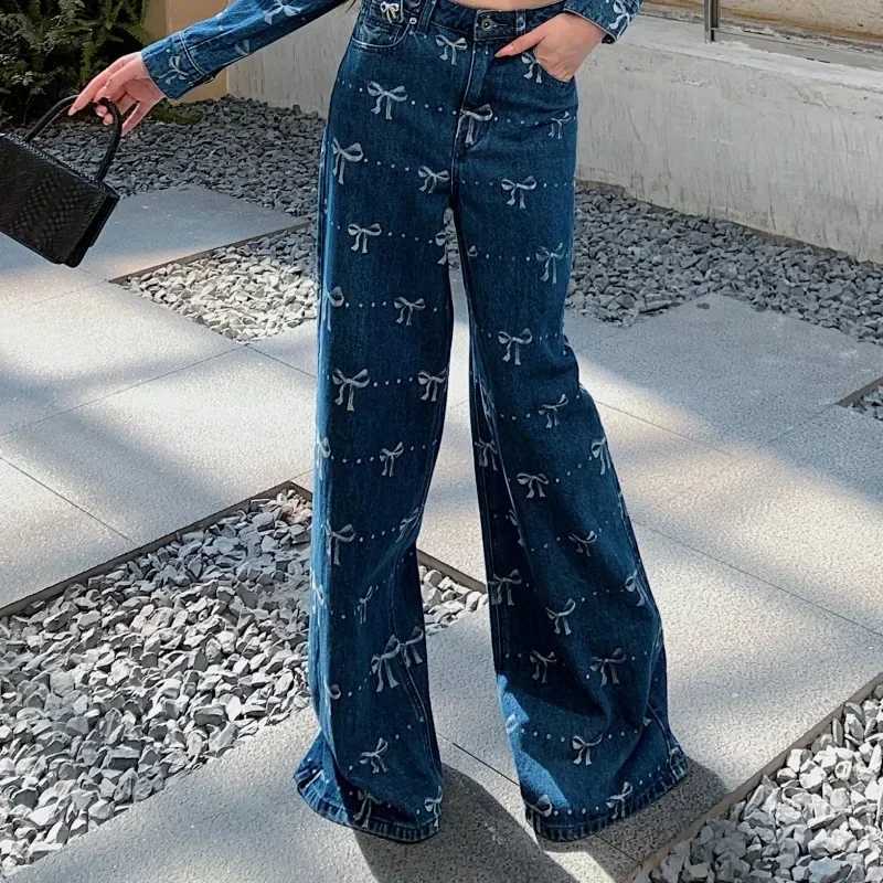 Women's Jeans Womens 2024 new bow decoration print wide leg fashionable denim Trouser H241130