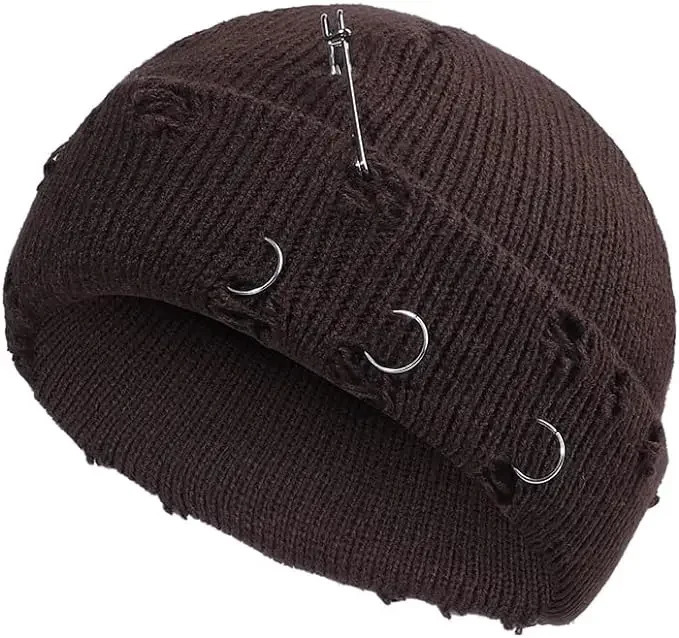 Oohmy Women Girls Y2k Gothic Beanie Winter Knit Hats Trendy Metal Rings Pin Hip Hop Streetwear Harajuku Skull Cap 241125