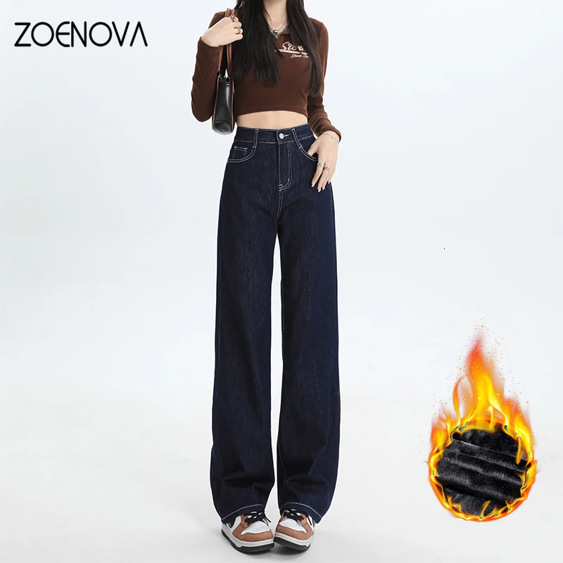 Zoenova Autumn Womens Wool Warm Jeans Fashion Casual Slim Fit High Waist Wide Leg Straight Jeans 241122