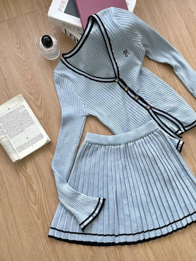 Fall Women Korean Vintage Slim Mori Girl Knit Birthday Outfits 2 Piece Set Long Sleeve Singlebreasted Top Gyaru Mini Skirt 241129