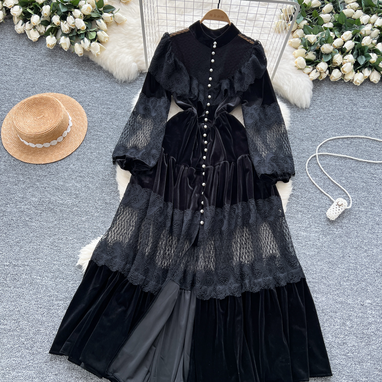 Casual Dresses French Vintage Lace Embroidery Patchwork Velvet Lantern Sleeve Maxi Dress Pearls Buttons Belt Lace Up Wedding Party Prom Vestido 2025