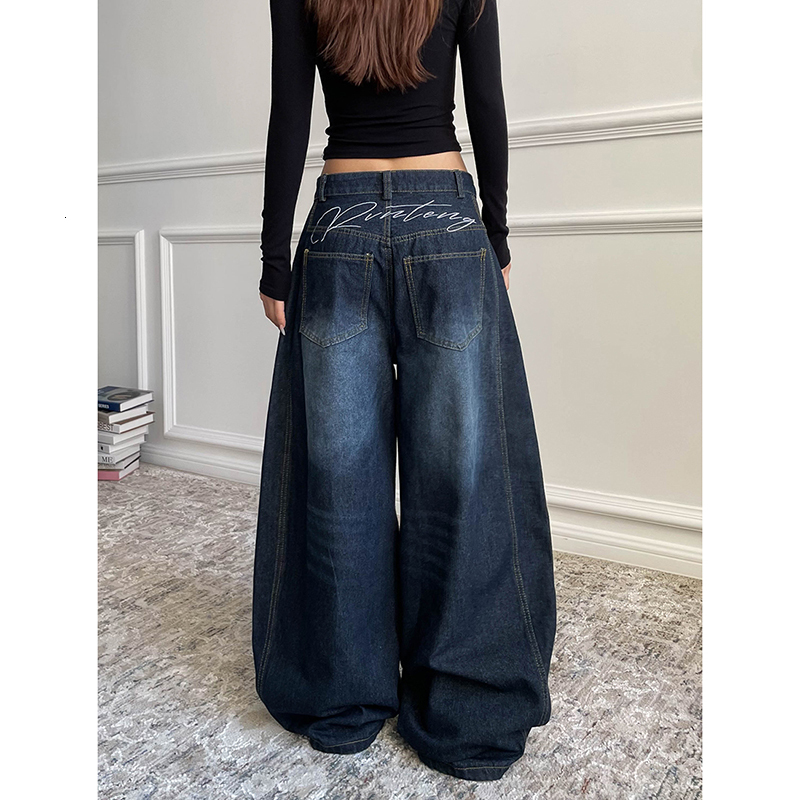 Blue Women's Retro Y2k 2000S Wide Leg Baggy Casual Denim Trouser High Waist Loose Jeans 2024 Autumn Haruku Full Length Pants
