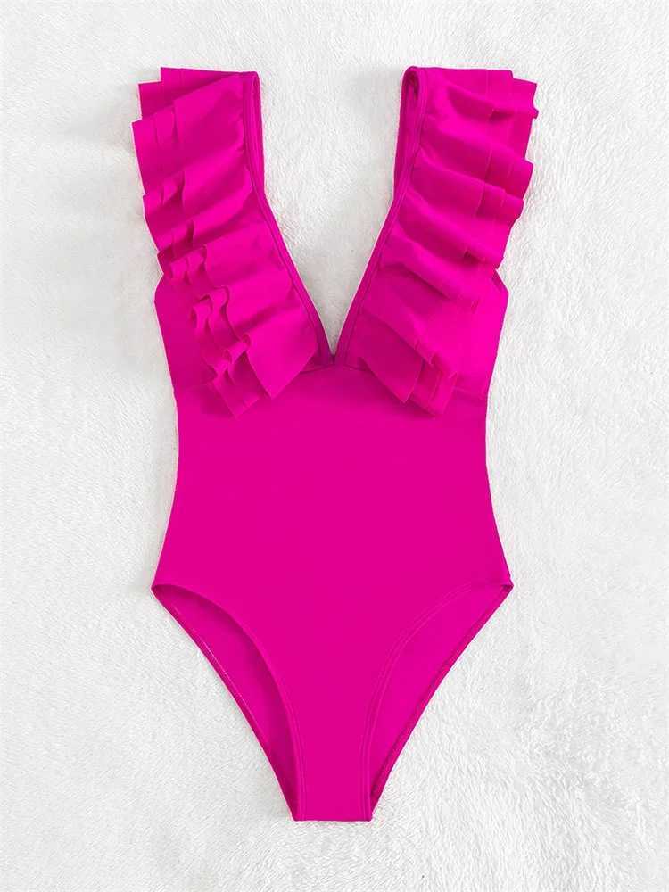 Women's Swimwear Sexy Ruffles Swimwear Women Solid Hot V Neck Control Abdomen Monokini 2024 Summer Bathing Suit Backless One Piece Swimsuit Y2404