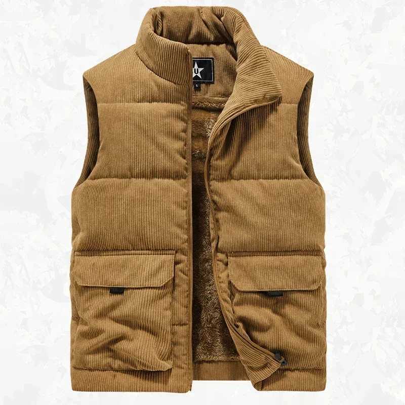 Men's Down Parkas 6XL Mens Winter Plus-size Corduroy Cargo Sleeveless Jacket Thick Warm Fleece Lining Multi-pocket Outdoor Hiking Safari Work Ves