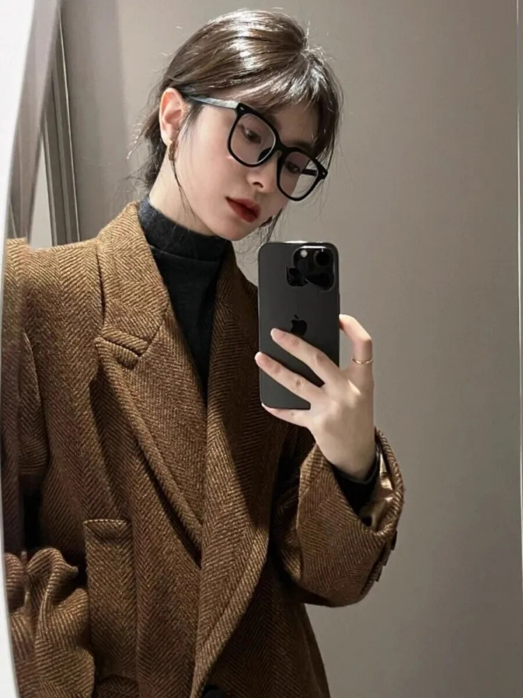 Coffee Colored Herringbone Patterned Woolen Coat WomenS Autumn And Winter HighEnd Temperament Loose Suit Jacket 241121