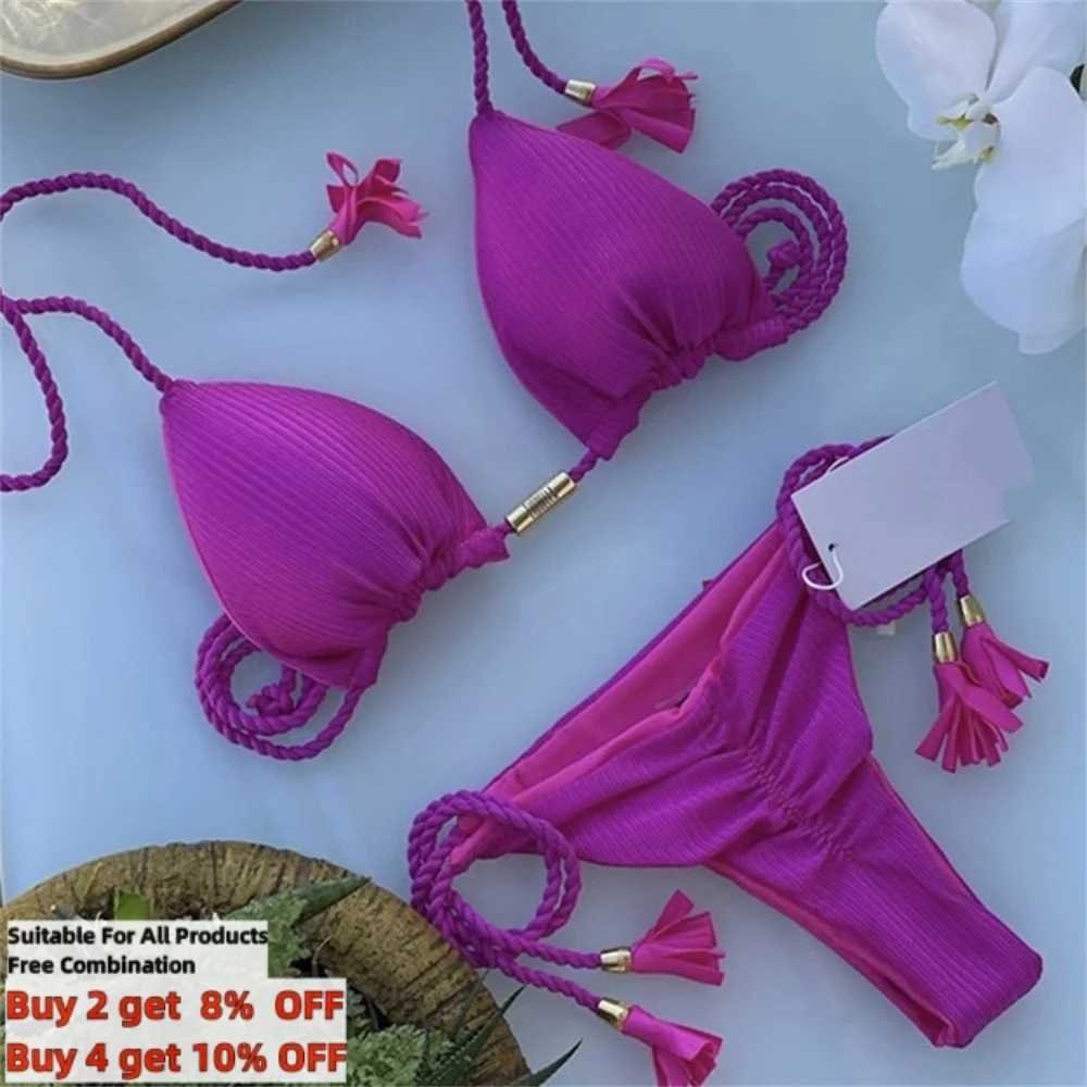 Women's Swimwear Solid Color Crinkled Bikini Set Hand Woven Rope Swimwear S-XL Womens Rear Tie Fastening Swimsuit Two Piece Bathing Suit H241130