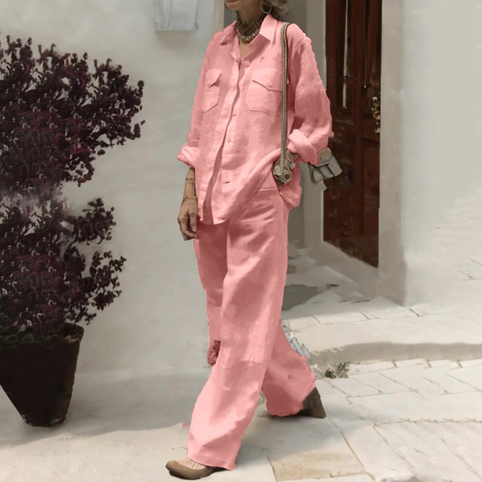 Fashion Loose Cotton Linen Trousers Green Sets 2024 Spring Autumn Lapel Shirt Solid Pocket Wide Leg Pants Two Piece 241129