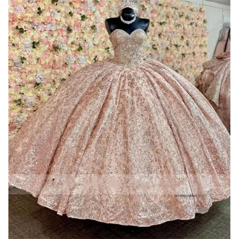 Sparkly Rose Gold Princess Quinceanera Dresses With Bow Ball Gown Glitter Appliques Crystals Beads Sweet 15Th Dress Prom Lace-Up 0431