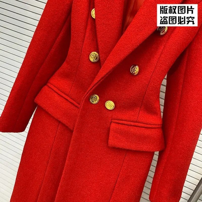High end Temperament Red Suit Wool Coat Women Winter Clothes Korean Fashion Slim Fit Warm Long Clothing 241129