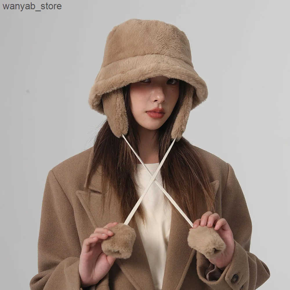 Wide Brim Hats Bucket Bomber Winter warm bucket hat hats for women Golf cap Hiking fur Barrel Cotton fabric Ear protection L240910 L0910