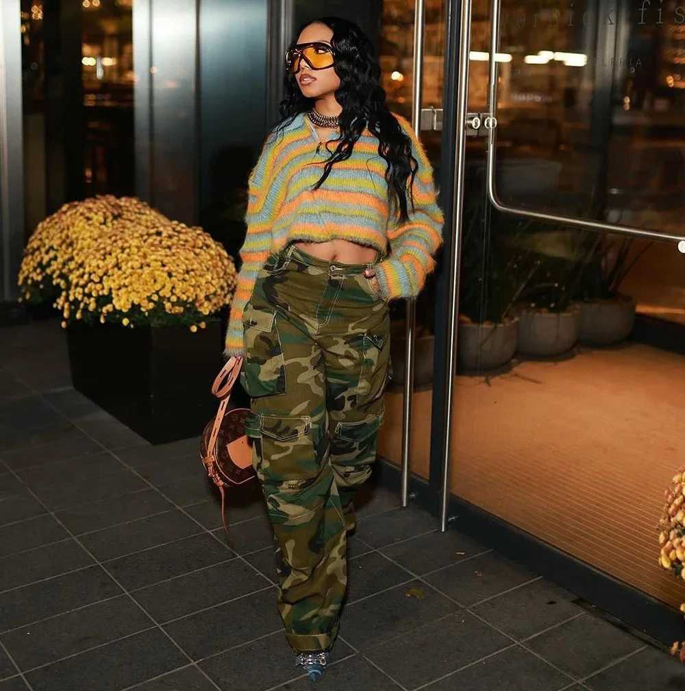 Women's Jeans Solid casual bags womens cargo pants young womens Trousers multi pocket fashionable retro womens high waisted wide pants H241130