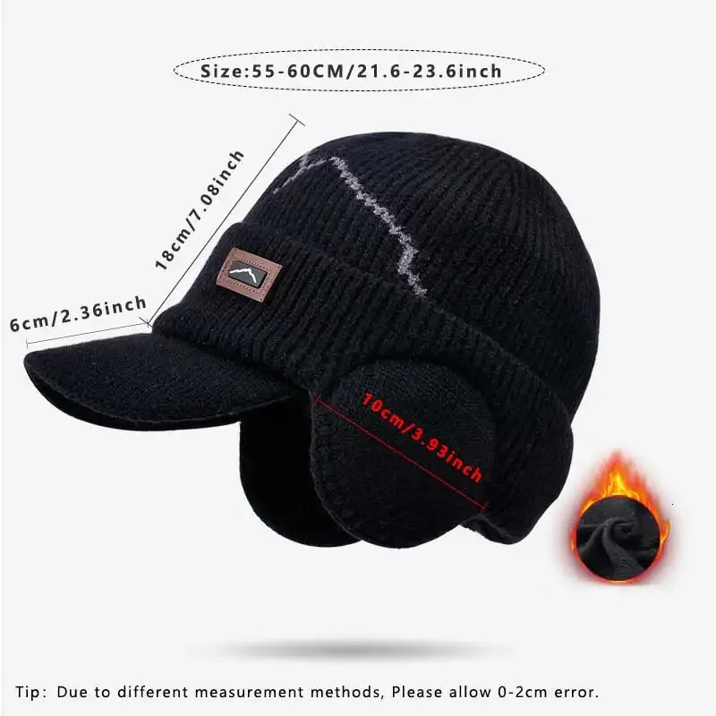 Mens Skullies Beanies with Visor for Warmth Winter Knit Earmuffs Thick Wool Lined Skull Ski Baseball Cap Outdoor Riding 241125