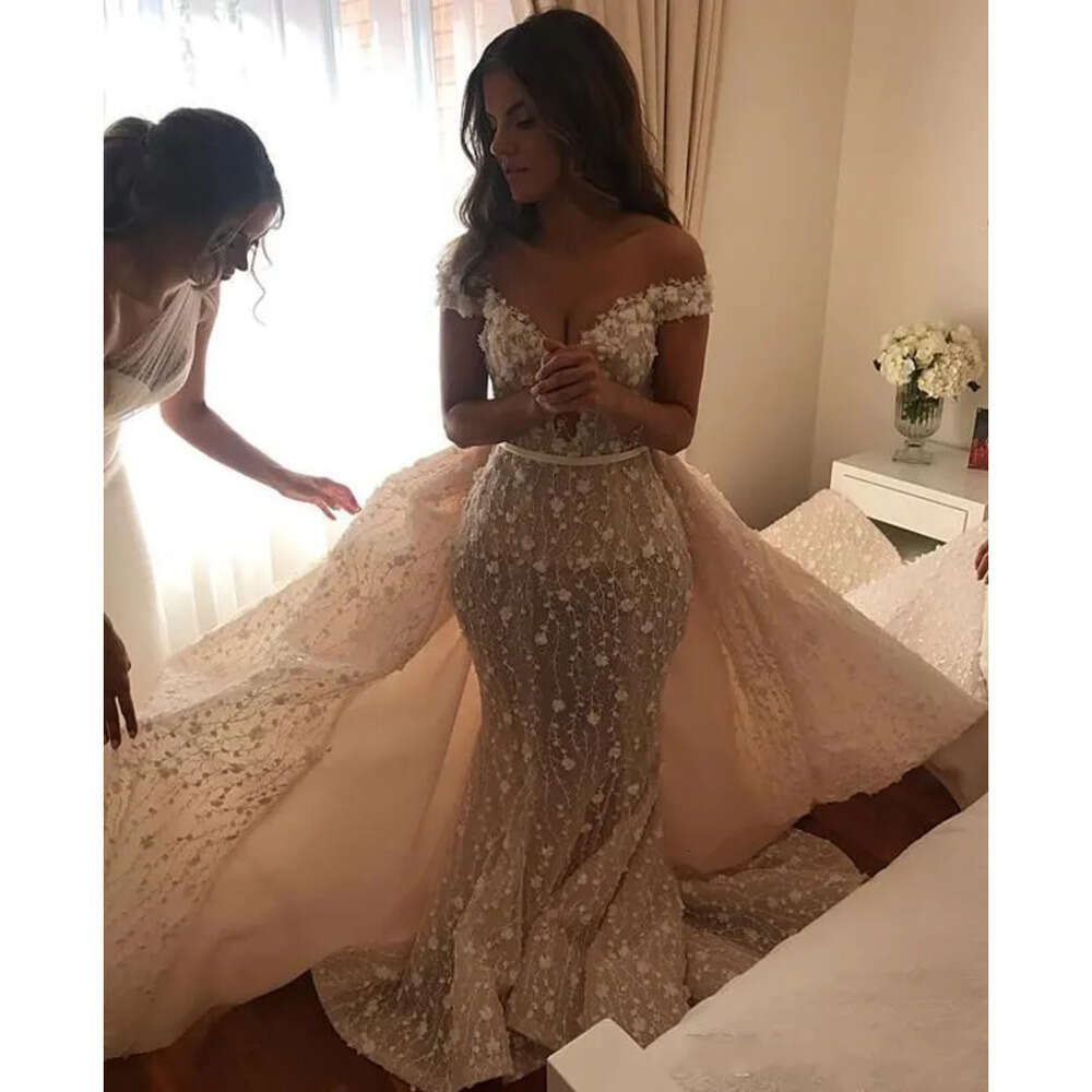 Saudi Full Mermaid Arabia Lace Wedding Dress With Detachable Train Sexy Off The Shoulder D Floral Bridal Gowns Charming Long Robe De Mariee
