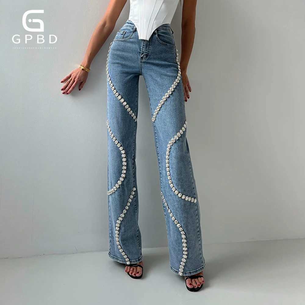 Women's Jeans Diamond Chain Jeans y2k Clothing Womens High Waist Wide Leg Beaded Denim Pants Fashion Mens Clothing H241130