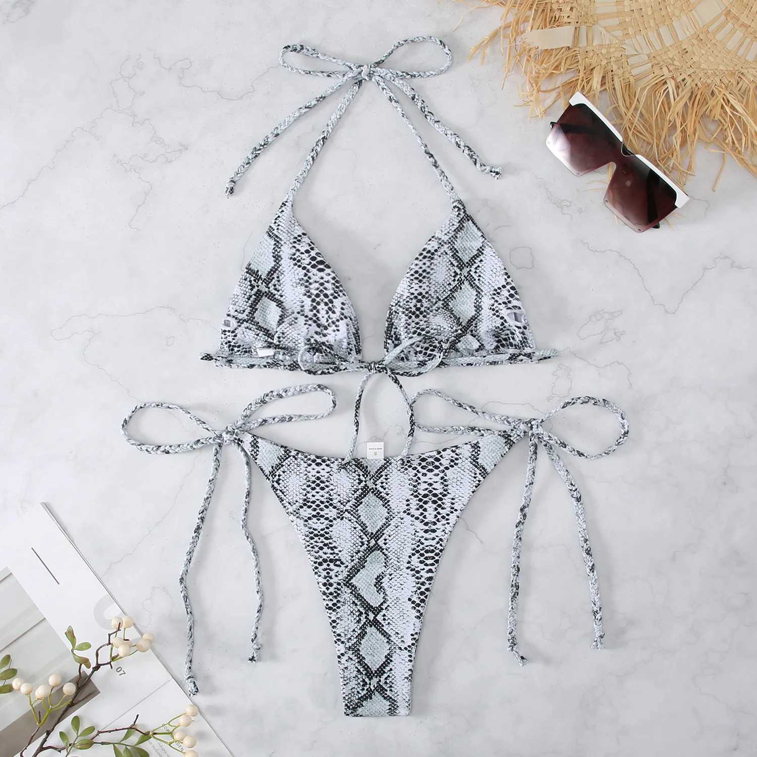 Women's Swimwear Snake Print 2-piece womens swimsuit 2024 new triangle bikini summer beach vacation suspension backless lace swimsuit H241130