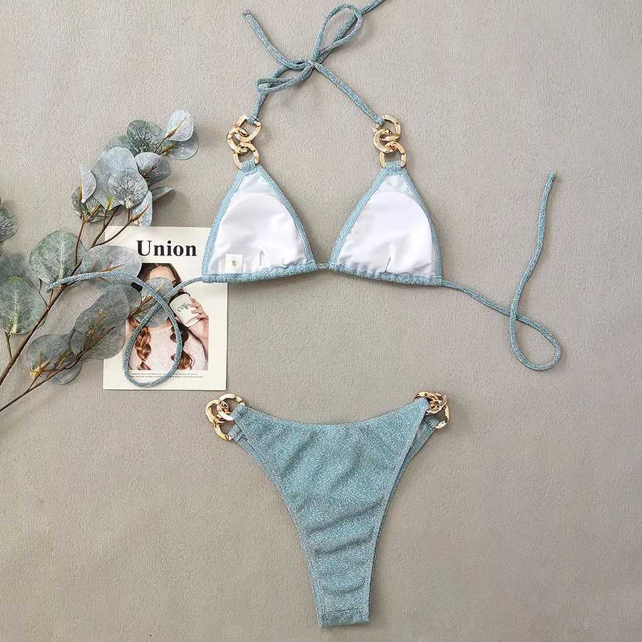 Women's Swimwear Sexy and shiny mini bikini women 2024 new metal chain 2-piece swimsuit triangle hanging backless swimsuit lace swimsuit H241130
