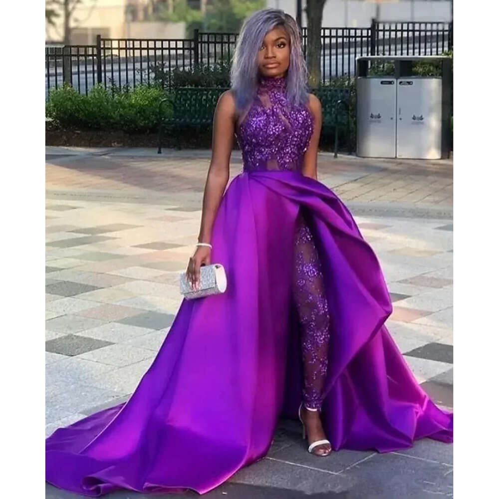 Jumpsuits Prom With Purple Dresses Detachable Train High Neck Lace Appliqued Bead Evening African Party Gowns Plus Size