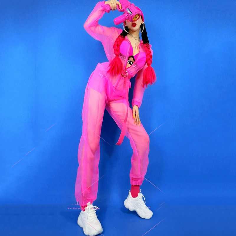 Women's Swimwear Hip Hop Performance Come Female Nightclub Bar Dj Bikini Fluorescent S-Through Hoodie Jazz Dance Dress DNV13591 H241130