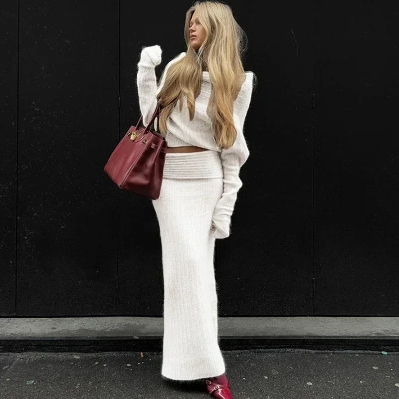 Talenza Knitted Long Skirt 2 Piece Set Womens Solid One Shoulder Sleeve Sweater Pullover Elegant Slim 241129