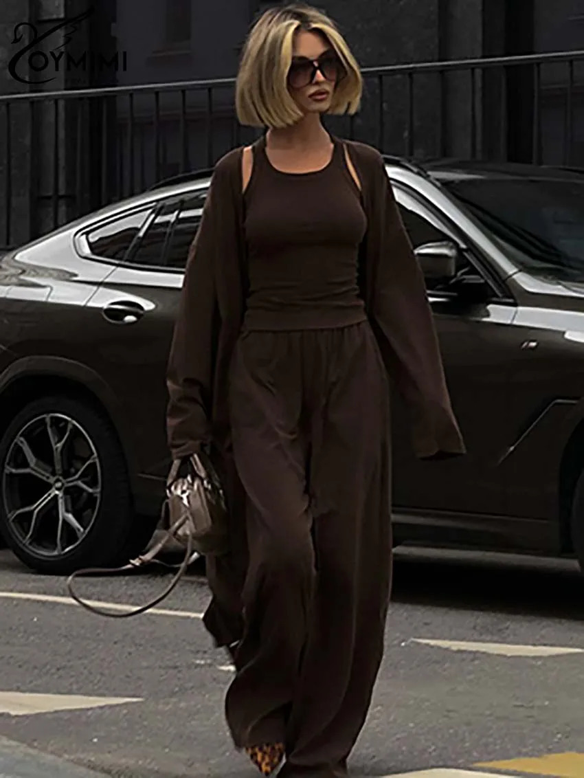 Oymimi Casual Brown 3 Piece Set Outfit Fashion Long Sleeve Robe And Slip Slim Tank Tops Simple Straight Trousers Sets 241129