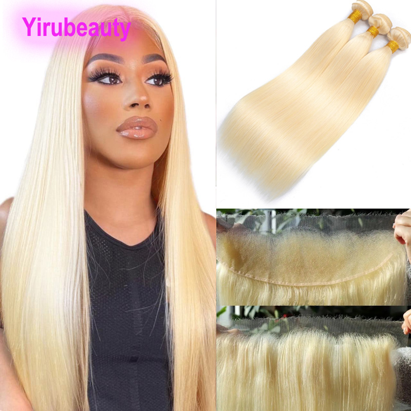 Malaysian Human Hair HD 13*4 Lace Frontal With 3 Bundles Blonde Color Free Part 613# Silky Straight Body Wave Pre Plucked