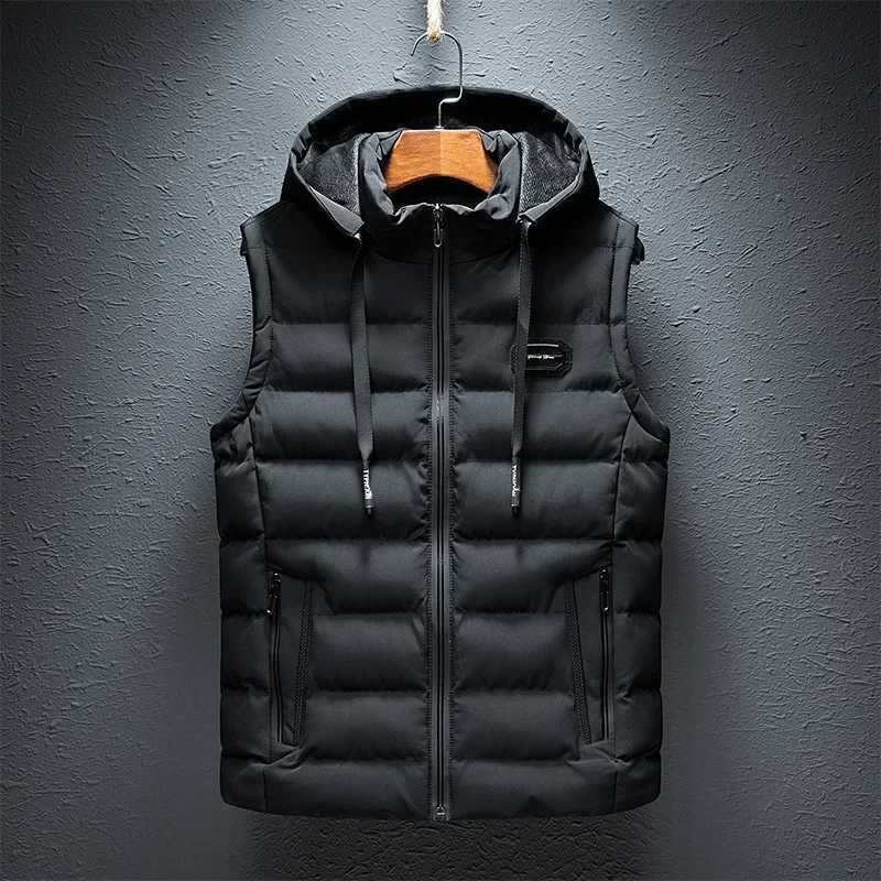 Men's Down Parkas Vest Men Zipper Waistcoats Plus Size 6XL Brand Mens Sleeveless Hooded Vest Fashion Casual Coats Male Cotton Padded Mens Jacket 