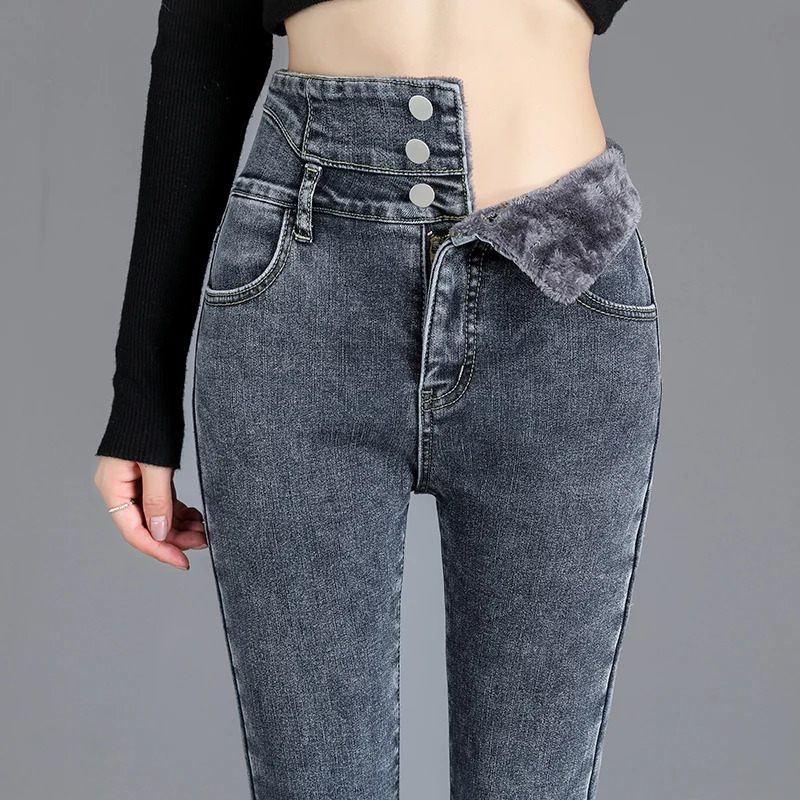 Womens high waisted wool jeans winter item velvet ultra-thin elastic small foot plush pencil denim jeans 241122