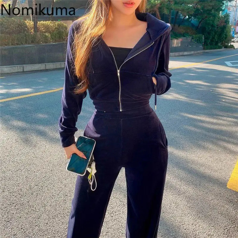 Two Piece Sets Outfits Hooded Zipper Crop Jackets High Waist Straight Wide Leg Pants Suit Casual Fashion Velvet Y2k Set 241129