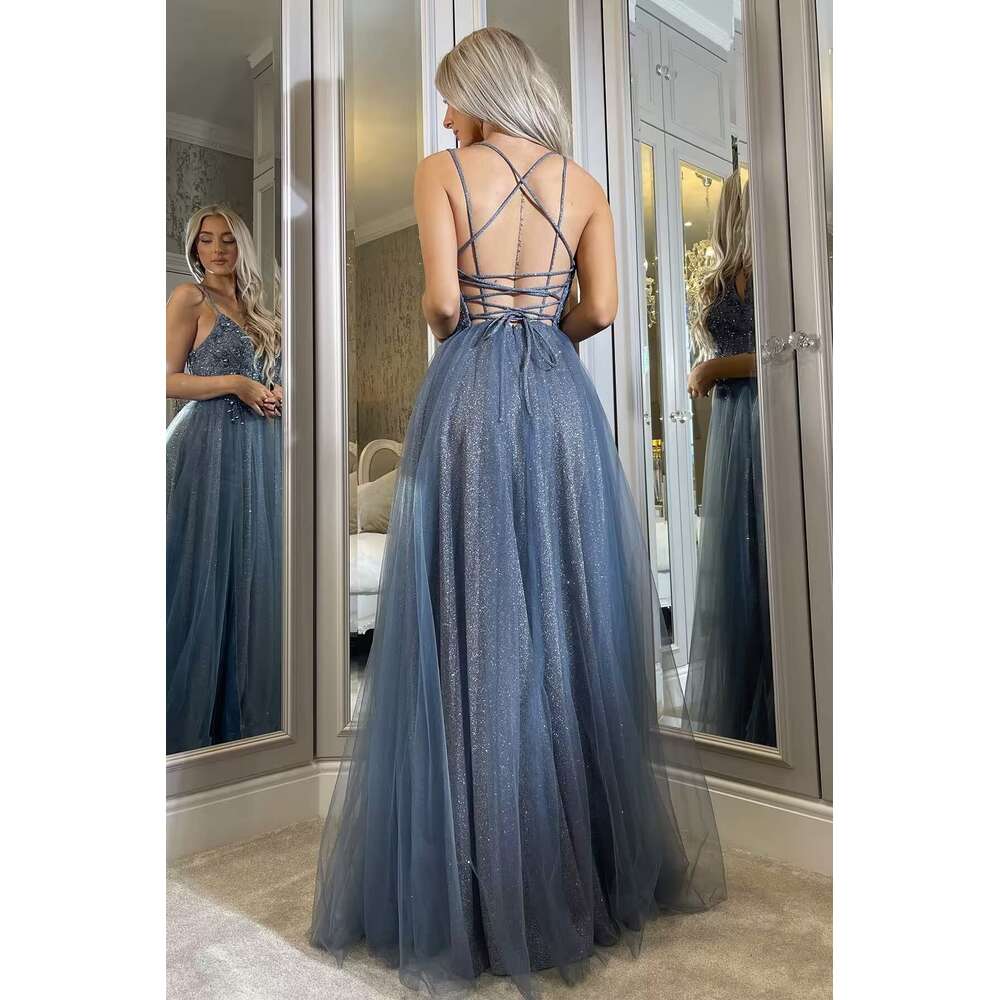 Neck Glitter V Tulle Prom Lace Appliques Ball Gown for Women A Line Spaghetti Straps Formal Dresses with Split prom AMZ MZ